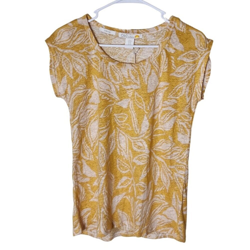 C&C California Linen T-Shirt Sz XS Yellow Leaf Print
